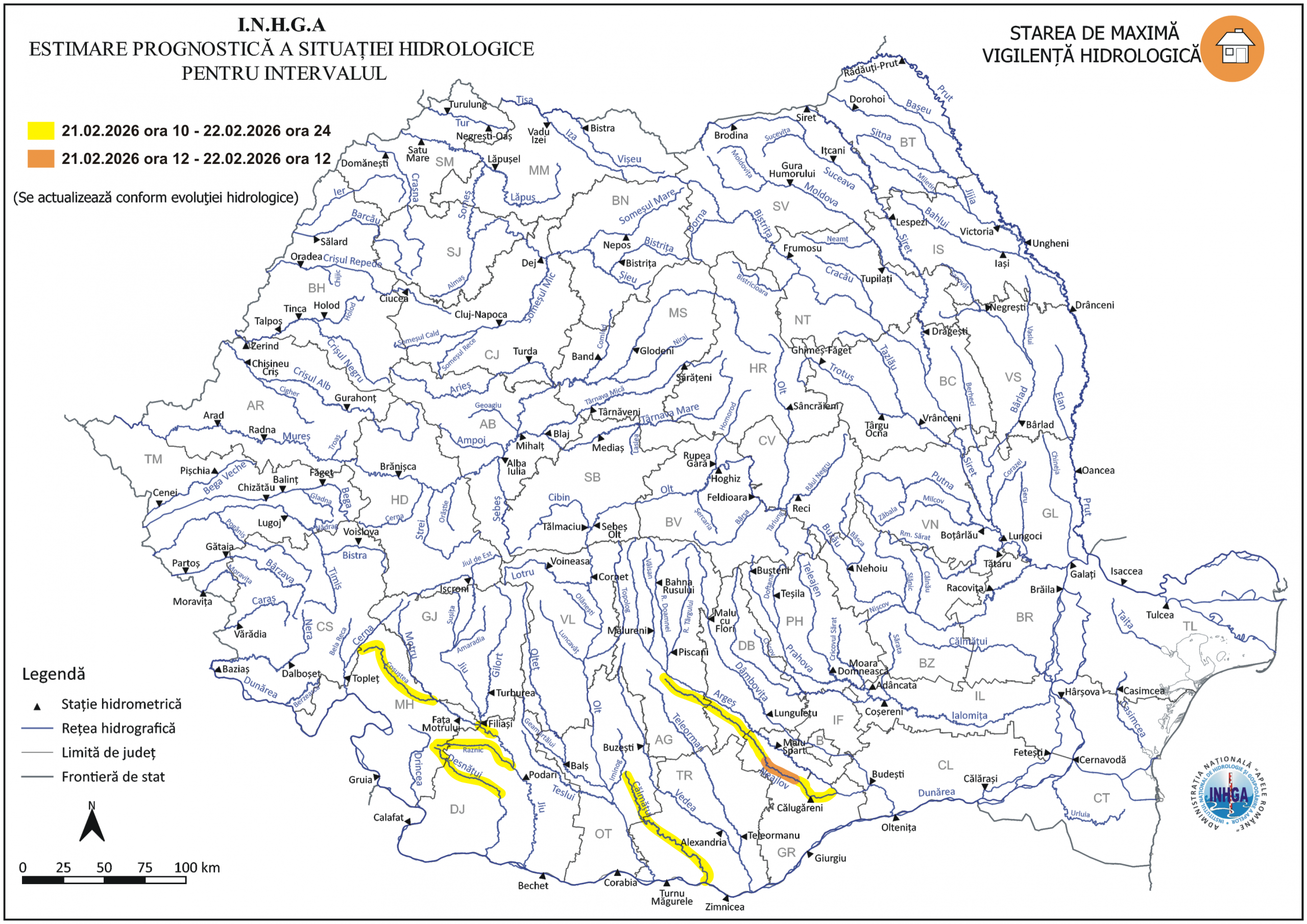 HartaAvertizareHidrologica nr. 21 din 21.02.2026 scaled - Cod galben de inundații din Argeș
